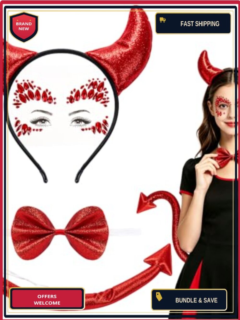 Glitter Devil Horns Headband Bow Tie Tail Face Gems Halloween Costume Set